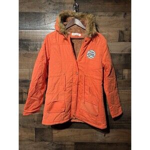 Y2K Vtg Orange  Faux Fur Womens Parka Jacket Hooded Faux Insulated Size L Warm!!